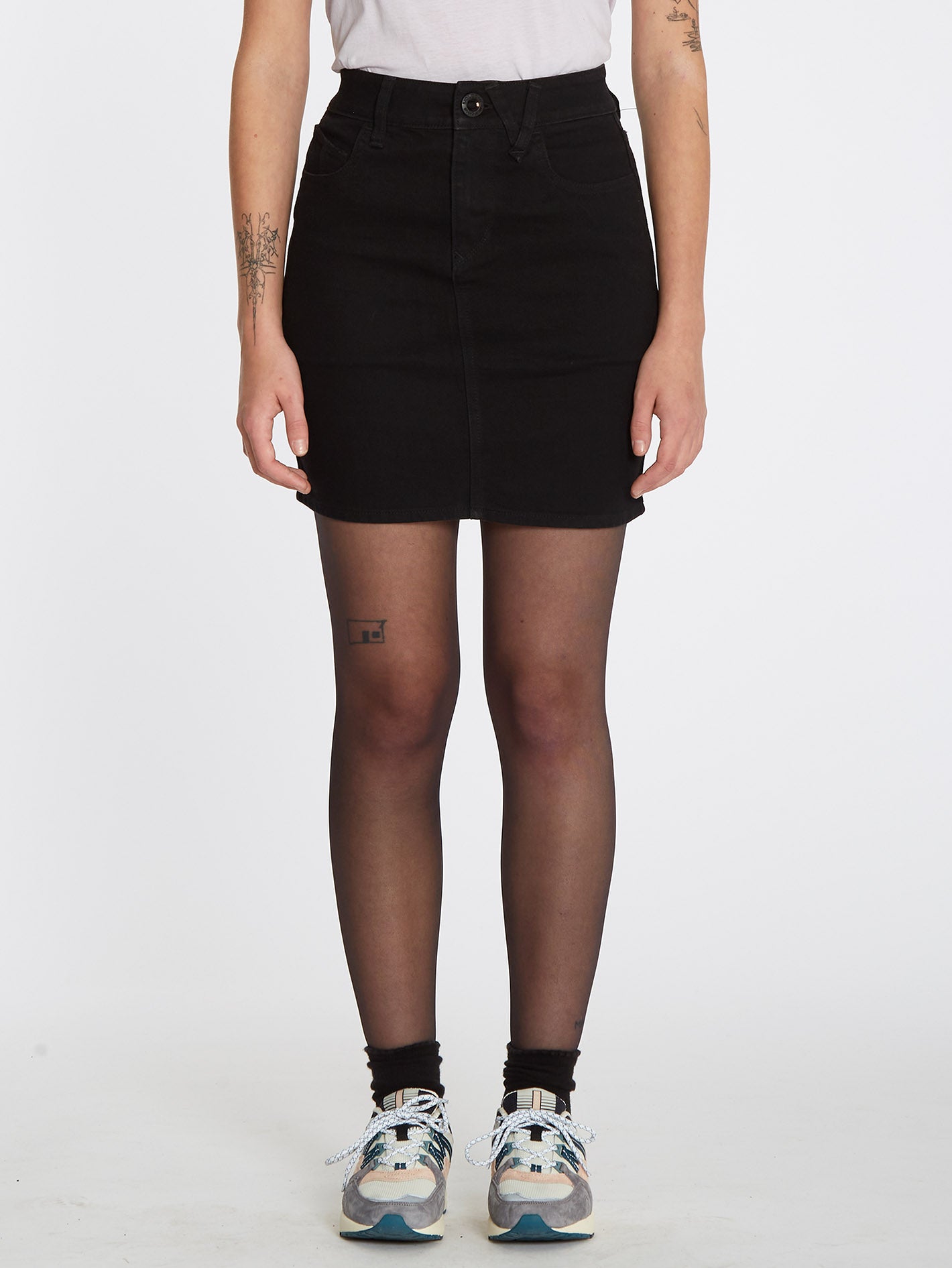 Stretch Denim A-line Mini Skirt in Black Frost